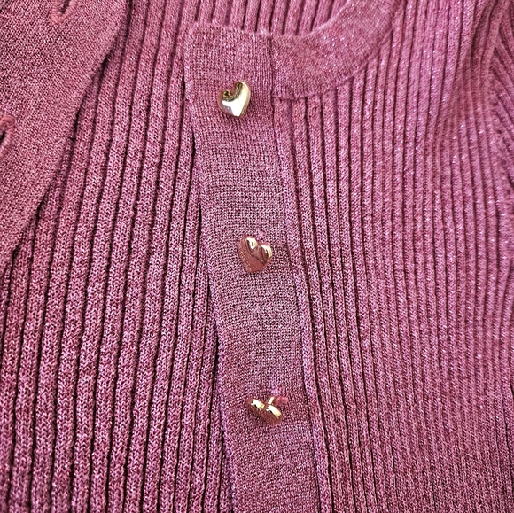 Love Shack Fancy Hill Cardigan Ribbed Metallic Orchid Heart Buttons - Picture 5 of 9